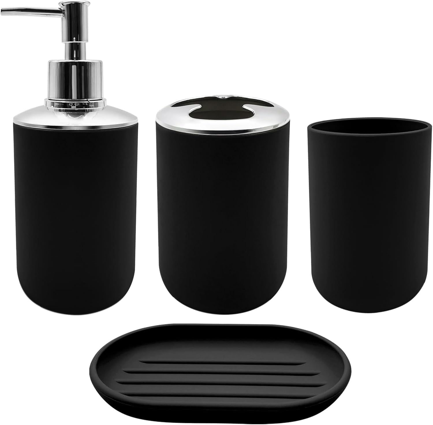 Set 4 Pcs Green Bathroom Accessories,Cute Bathroom Decor,Plastic Soap Dispenser and Toothbrush Holder Set,Soap Dish and Mouthwash Cup Black - Image 1
