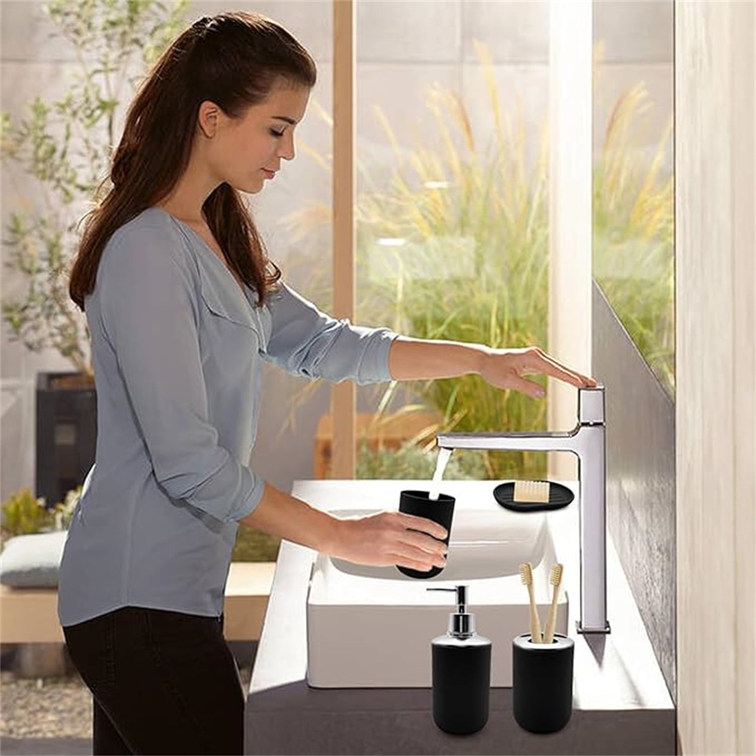 Set 4 Pcs Green Bathroom Accessories,Cute Bathroom Decor,Plastic Soap Dispenser and Toothbrush Holder Set,Soap Dish and Mouthwash Cup Black - Image 2