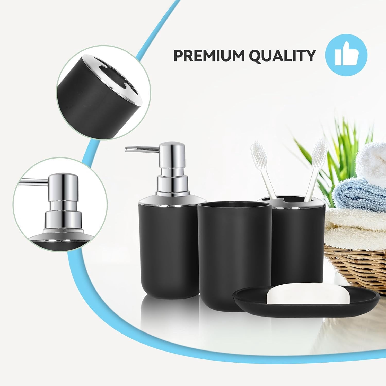 Set 4 Pcs Green Bathroom Accessories,Cute Bathroom Decor,Plastic Soap Dispenser and Toothbrush Holder Set,Soap Dish and Mouthwash Cup Black - Image 3