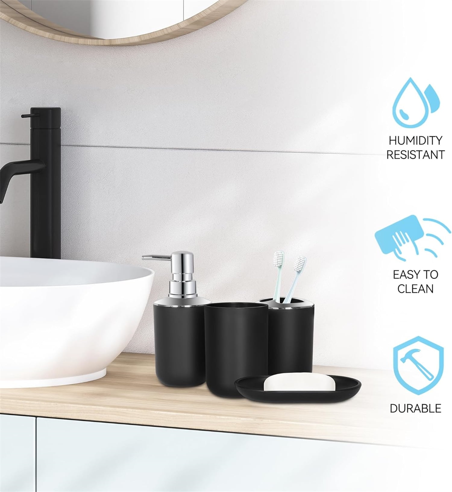 Set 4 Pcs Green Bathroom Accessories,Cute Bathroom Decor,Plastic Soap Dispenser and Toothbrush Holder Set,Soap Dish and Mouthwash Cup Black - Image 5