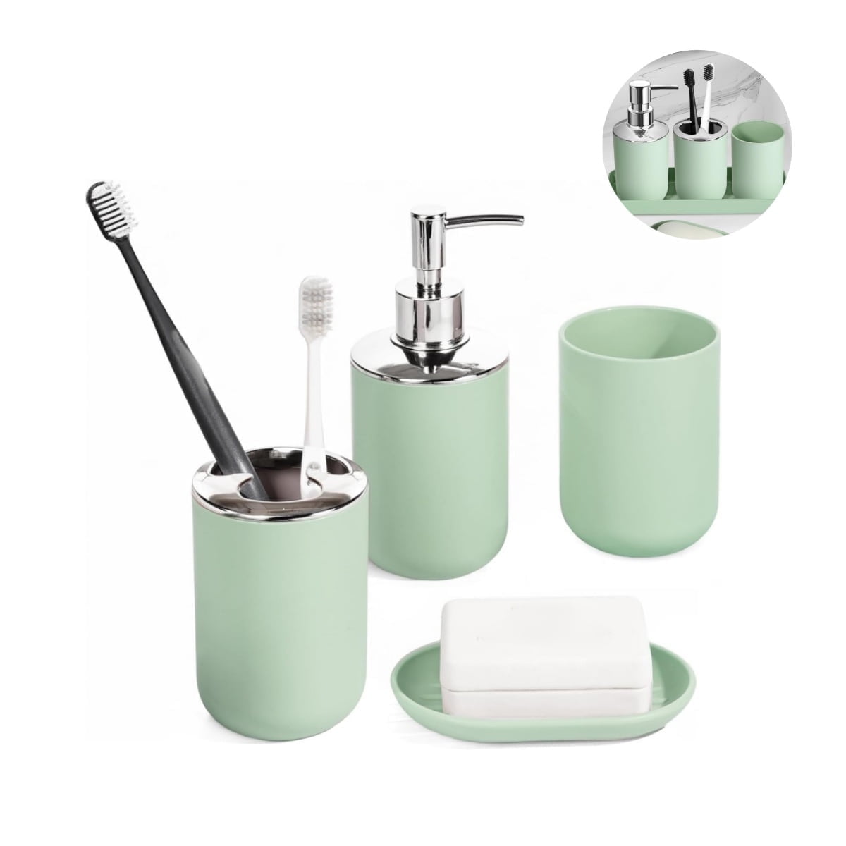 Set 4 Pcs Green Bathroom Accessories,Cute Bathroom Decor,Plastic Soap Dispenser and Toothbrush Holder Set,Soap Dish and Mouthwash Cup Green - Image 1