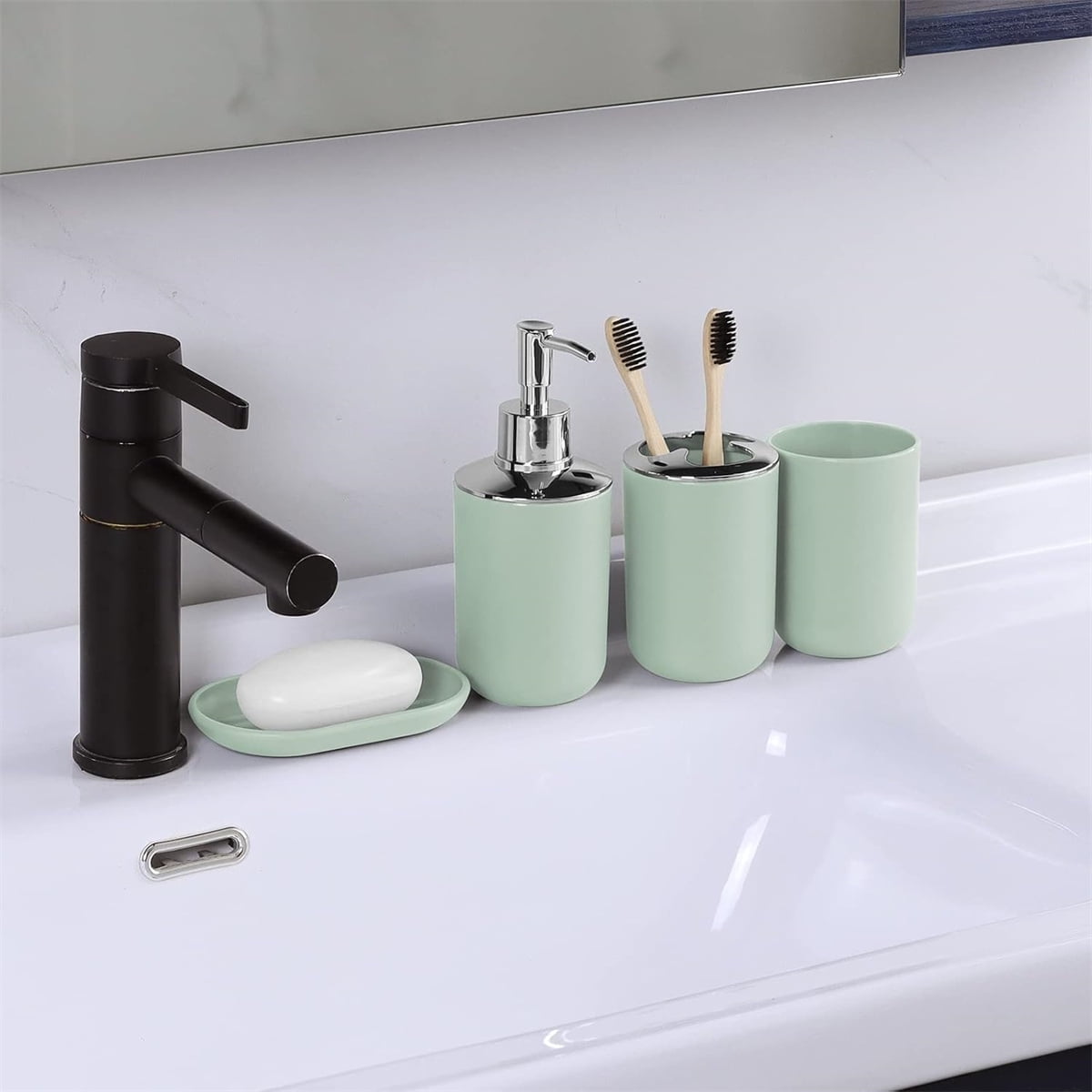 Set 4 Pcs Green Bathroom Accessories,Cute Bathroom Decor,Plastic Soap Dispenser and Toothbrush Holder Set,Soap Dish and Mouthwash Cup Green - Image 3