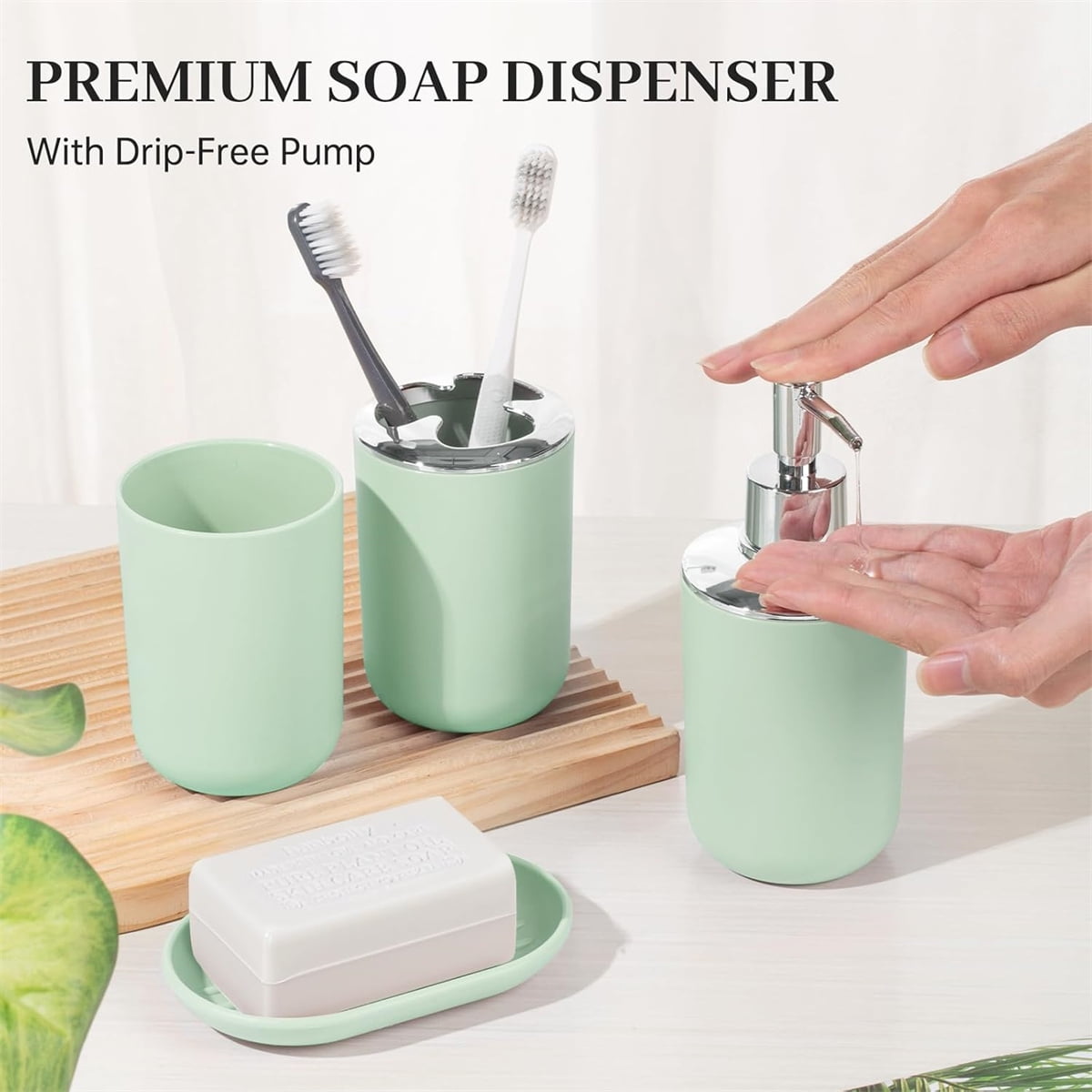 Set 4 Pcs Green Bathroom Accessories,Cute Bathroom Decor,Plastic Soap Dispenser and Toothbrush Holder Set,Soap Dish and Mouthwash Cup Green - Image 5