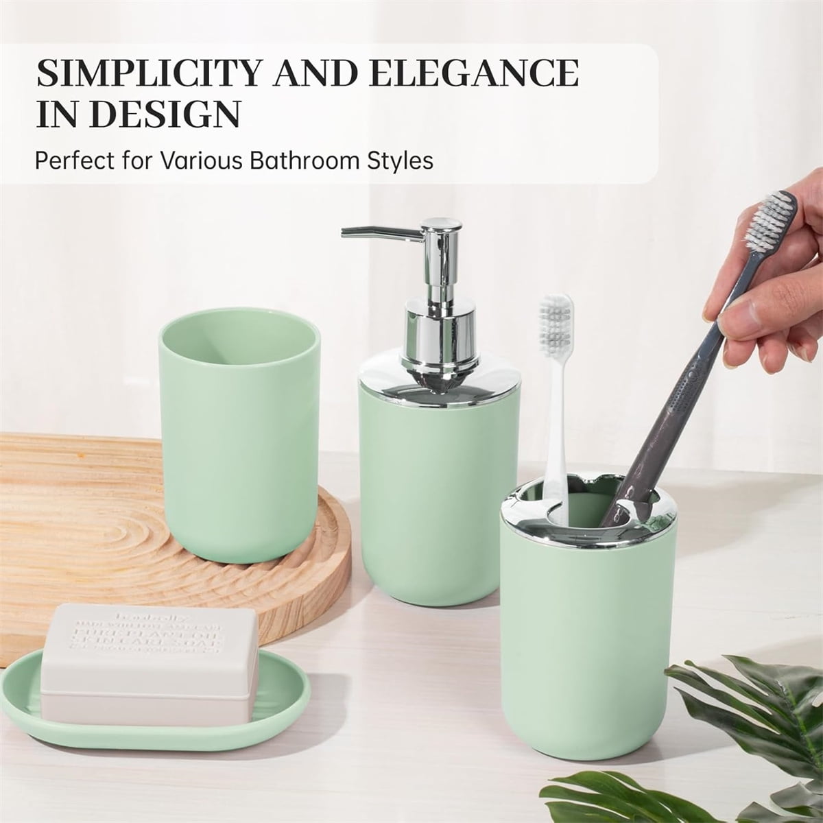 Set 4 Pcs Green Bathroom Accessories,Cute Bathroom Decor,Plastic Soap Dispenser and Toothbrush Holder Set,Soap Dish and Mouthwash Cup Green - Image 6