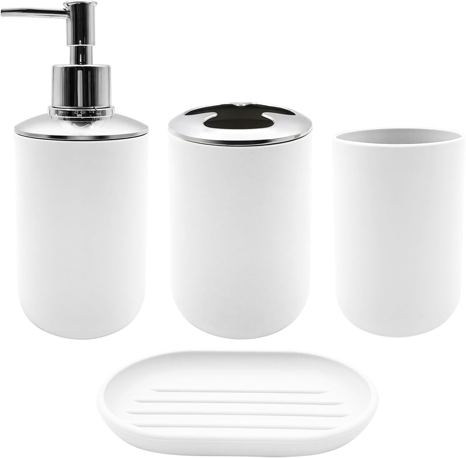 Set 4 Pcs Green Bathroom Accessories,Cute Bathroom Decor,Plastic Soap Dispenser and Toothbrush Holder Set,Soap Dish and Mouthwash Cup White - Image 1