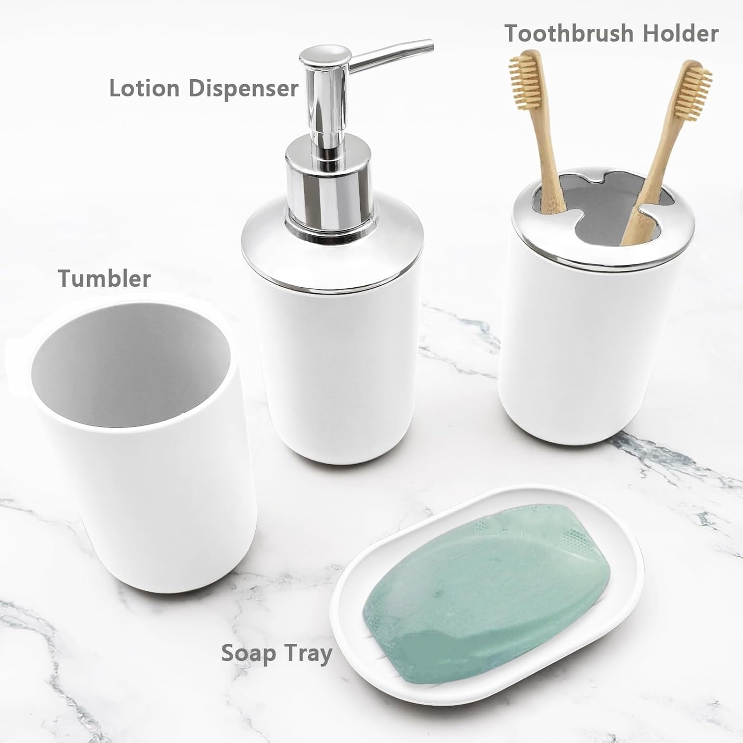 Set 4 Pcs Green Bathroom Accessories,Cute Bathroom Decor,Plastic Soap Dispenser and Toothbrush Holder Set,Soap Dish and Mouthwash Cup White - Image 2