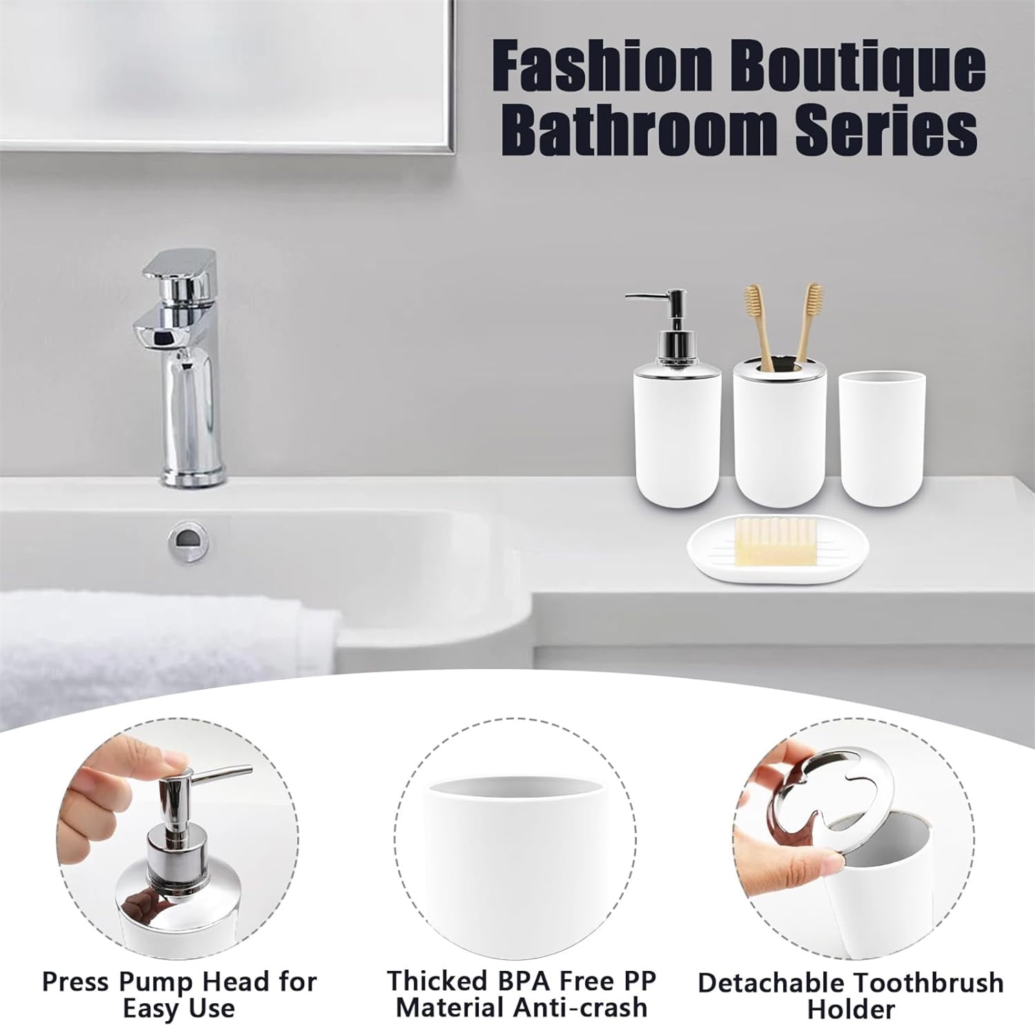 Set 4 Pcs Green Bathroom Accessories,Cute Bathroom Decor,Plastic Soap Dispenser and Toothbrush Holder Set,Soap Dish and Mouthwash Cup White - Image 3
