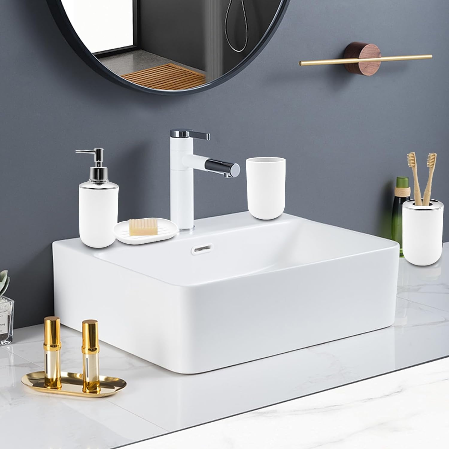 Set 4 Pcs Green Bathroom Accessories,Cute Bathroom Decor,Plastic Soap Dispenser and Toothbrush Holder Set,Soap Dish and Mouthwash Cup White - Image 5
