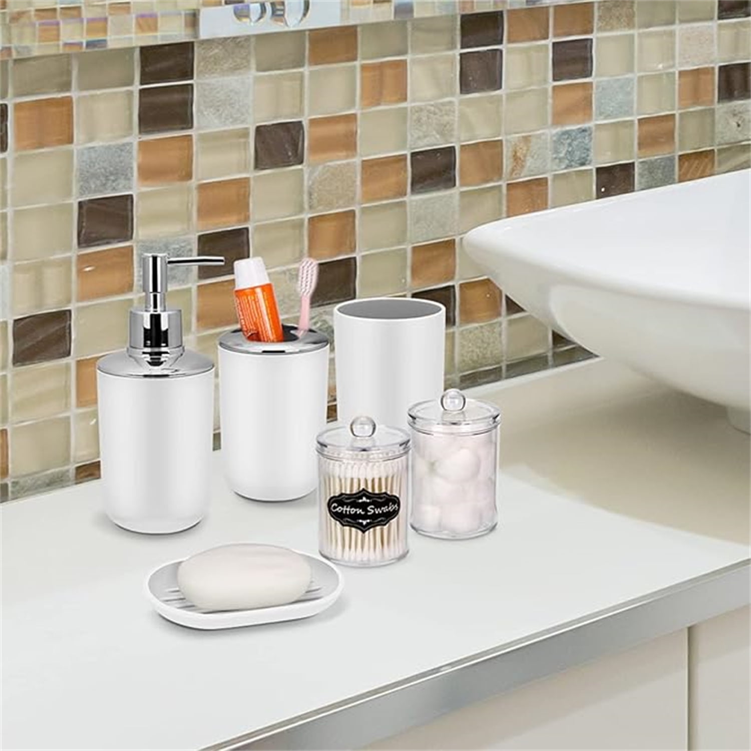 Set 4 Pcs Green Bathroom Accessories,Cute Bathroom Decor,Plastic Soap Dispenser and Toothbrush Holder Set,Soap Dish and Mouthwash Cup White - Image 6
