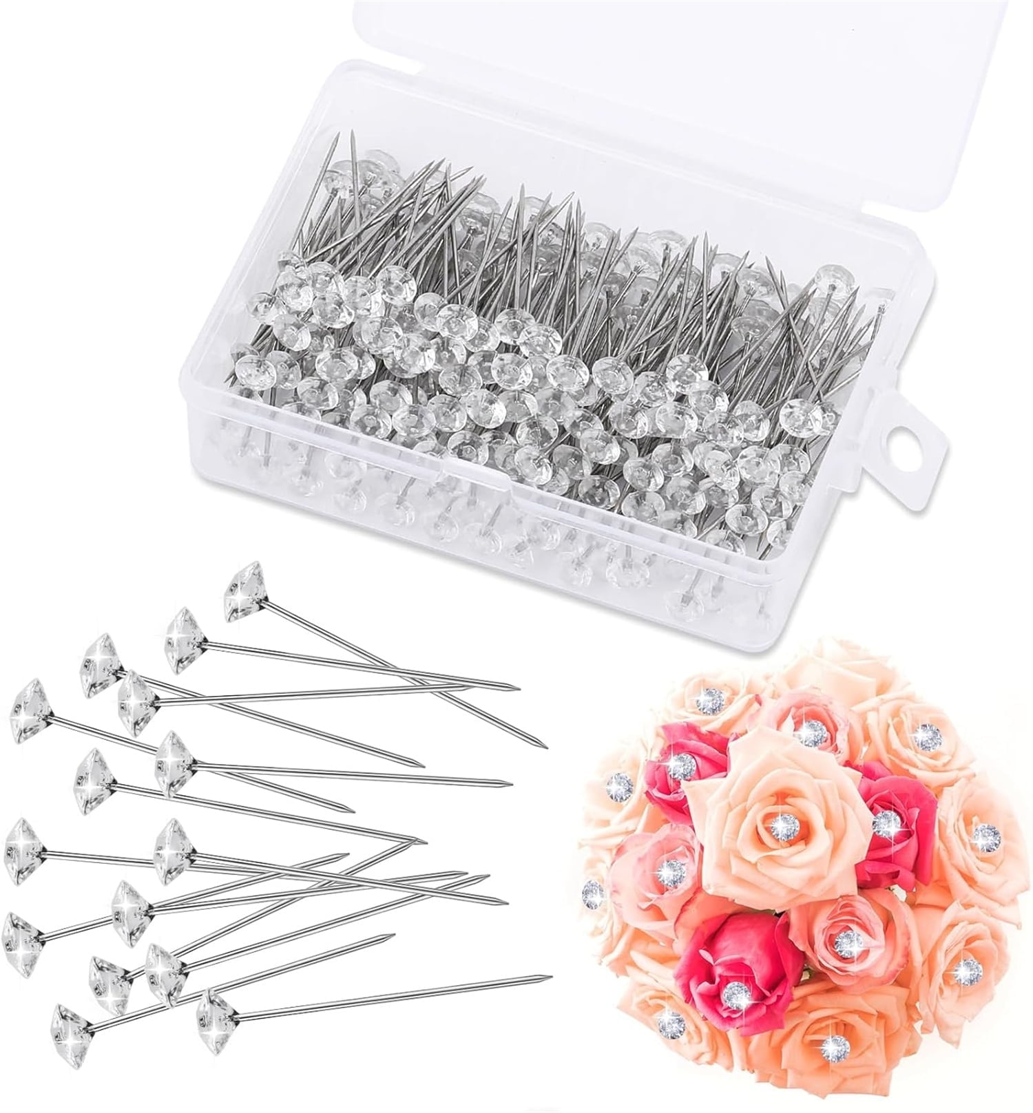 100 Pcs Rhinestone Bouquet Pins,Corsage Bouquet Pins for Flowers,Boutonniere Straight Pins for Bouquets,Wedding,Wrist Flower Decoration,Sewing Craft - Image 1