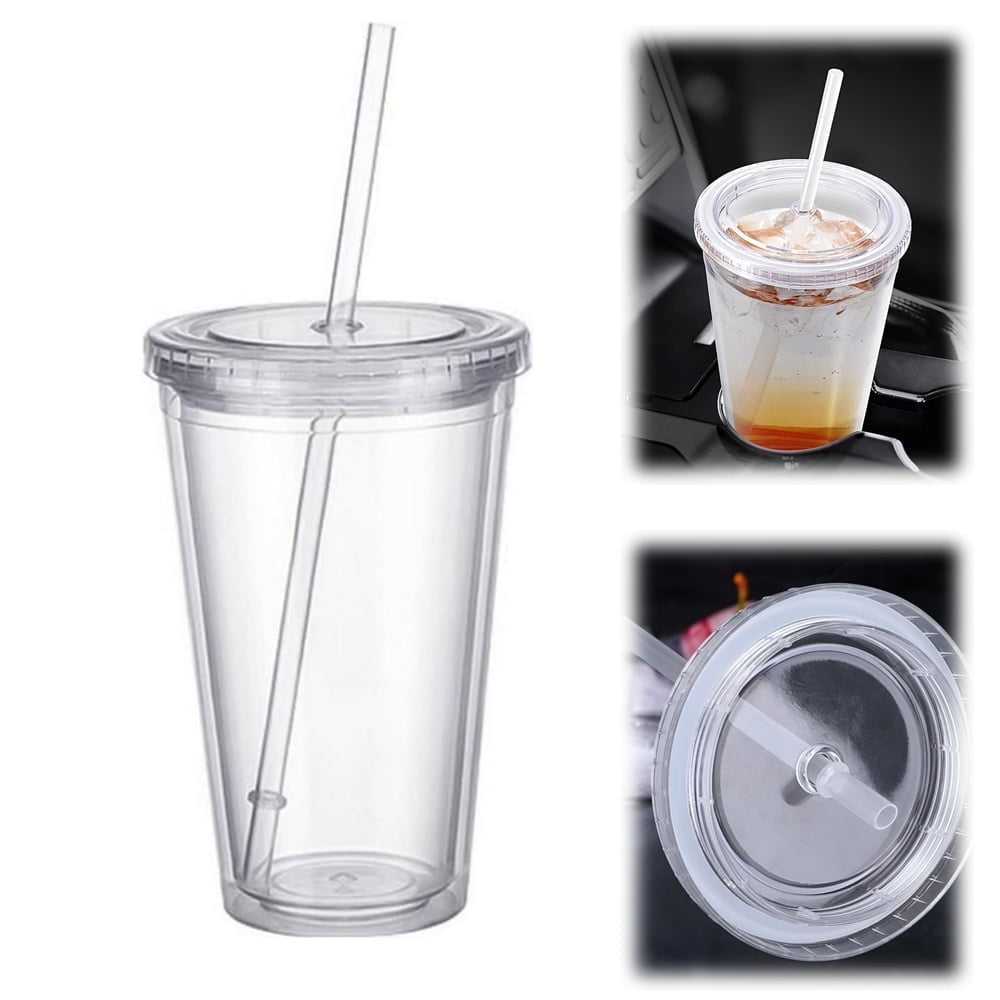 Double Wall Insulated Plastic Cups,Reusable Iced Coffee Cup,Clear Acrylic Tumbler,Cold Drink Tumbler,Portable Drinking Cups,with Straw and Lid,for Home School Office 16oz - Image 1