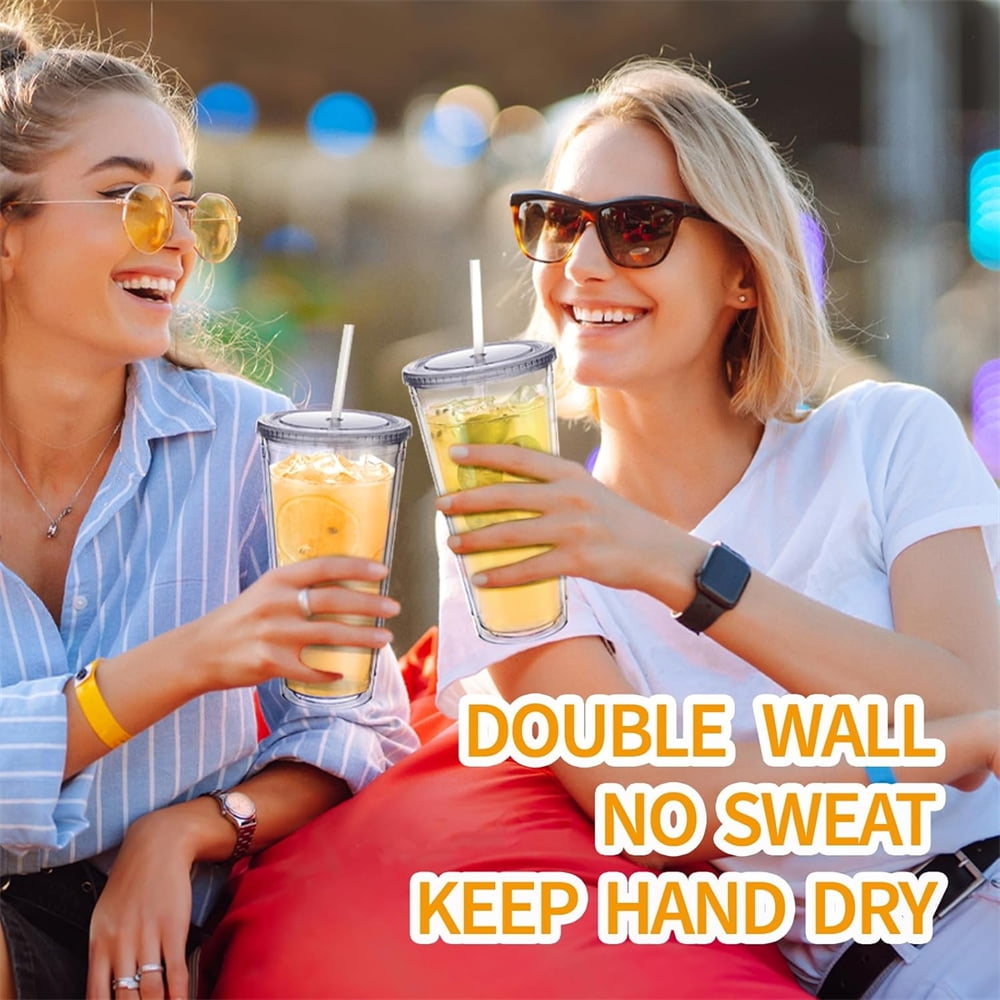 Double Wall Insulated Plastic Cups,Reusable Iced Coffee Cup,Clear Acrylic Tumbler,Cold Drink Tumbler,Portable Drinking Cups,with Straw and Lid,for Home School Office 16oz - Image 3