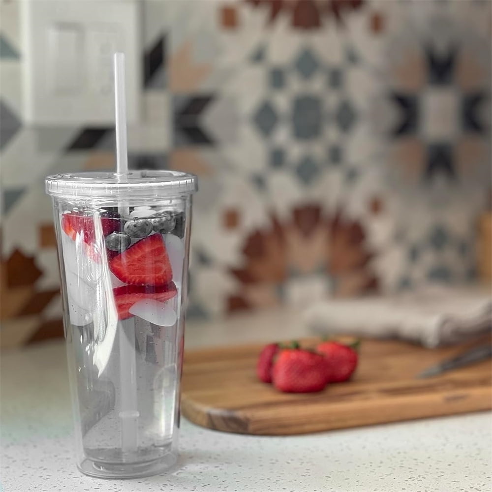 Double Wall Insulated Plastic Cups,Reusable Iced Coffee Cup,Clear Acrylic Tumbler,Cold Drink Tumbler,Portable Drinking Cups,with Straw and Lid,for Home School Office 16oz - Image 6