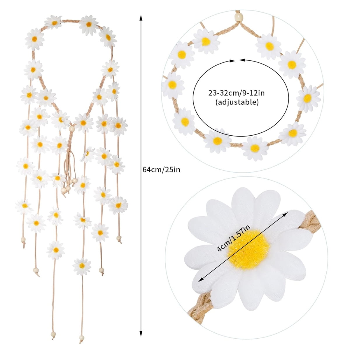 Tutuviw Sunflower Headband, 2 Pcs Adjustable Headband or Crown, Hair Accessories, Costume Headwear for Women and People Attending Special Occasions, Wedding Party, Multicolor White, Yellow - Image 2