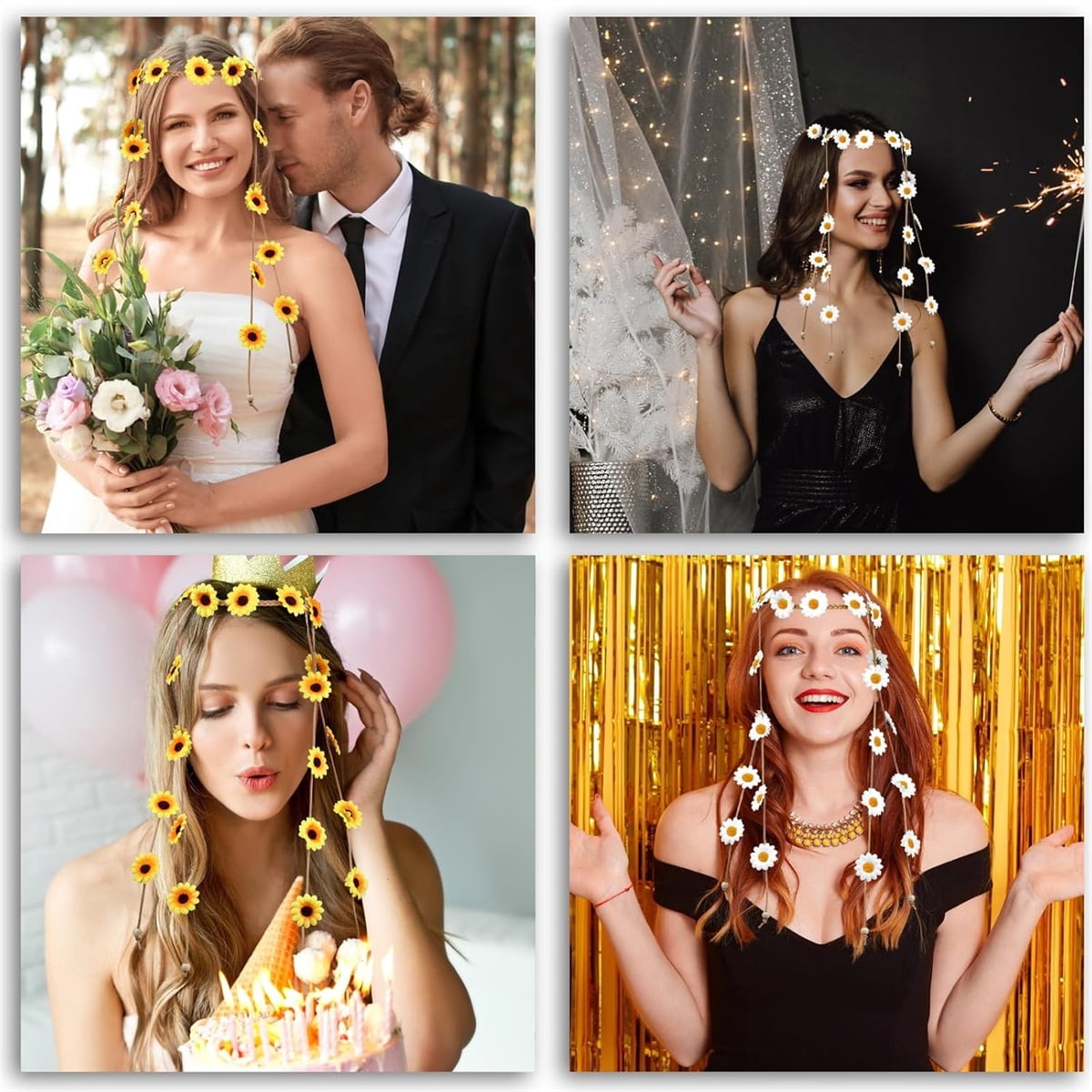 Tutuviw Sunflower Headband, 2 Pcs Adjustable Headband or Crown, Hair Accessories, Costume Headwear for Women and People Attending Special Occasions, Wedding Party, Multicolor White, Yellow - Image 3