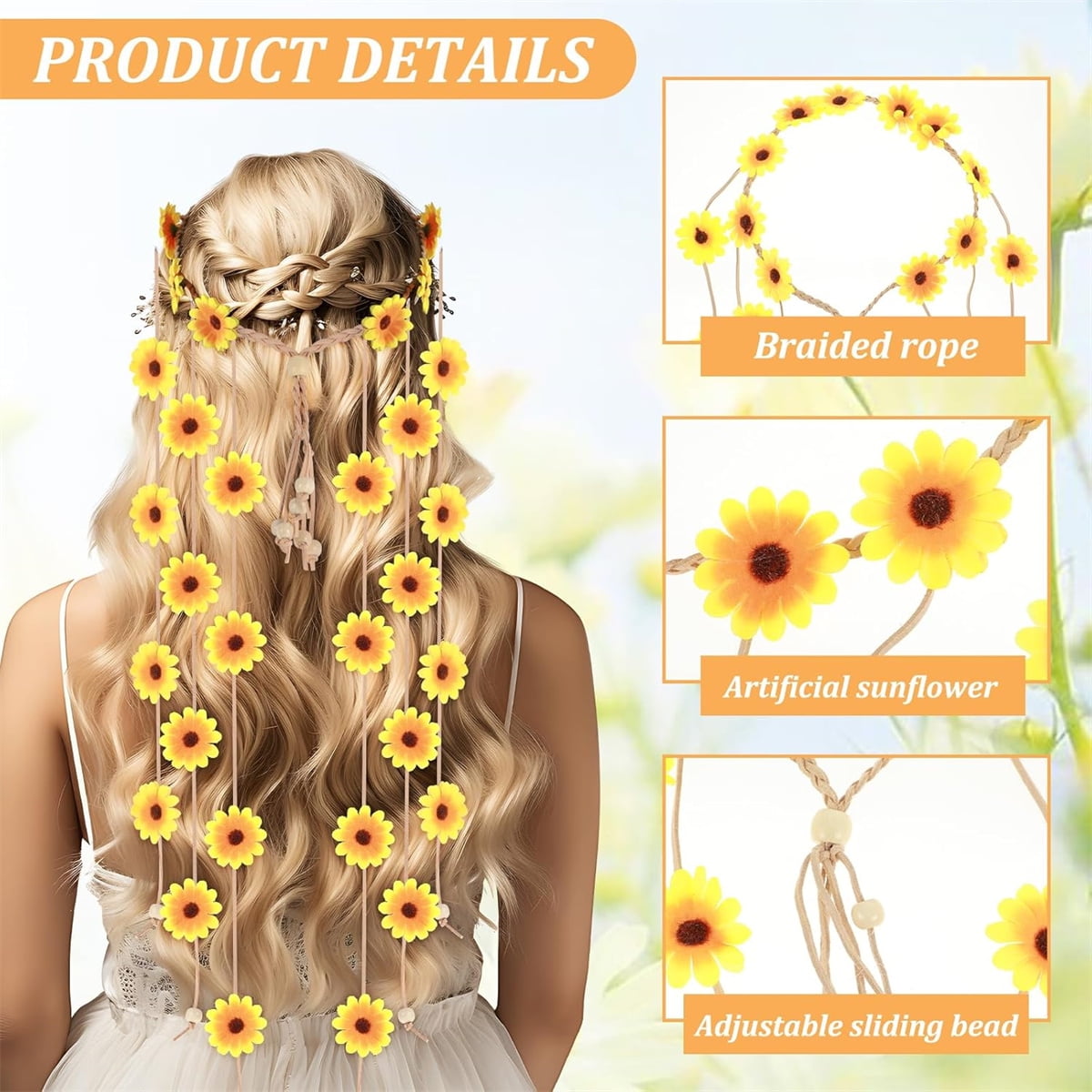 Tutuviw Sunflower Headband, 2 Pcs Adjustable Headband or Crown, Hair Accessories, Costume Headwear for Women and People Attending Special Occasions, Wedding Party, Multicolor White, Yellow - Image 5