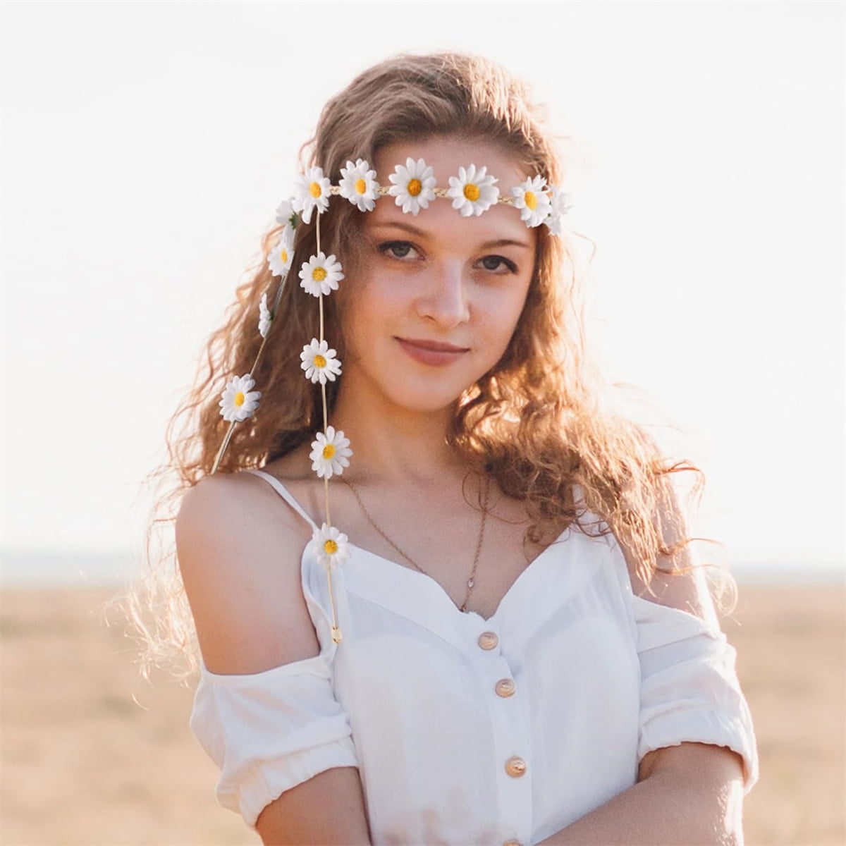 Tutuviw Sunflower Headband, 2 Pcs Adjustable Headband or Crown, Hair Accessories, Costume Headwear for Women and People Attending Special Occasions, Wedding Party, Multicolor White, Yellow - Image 7