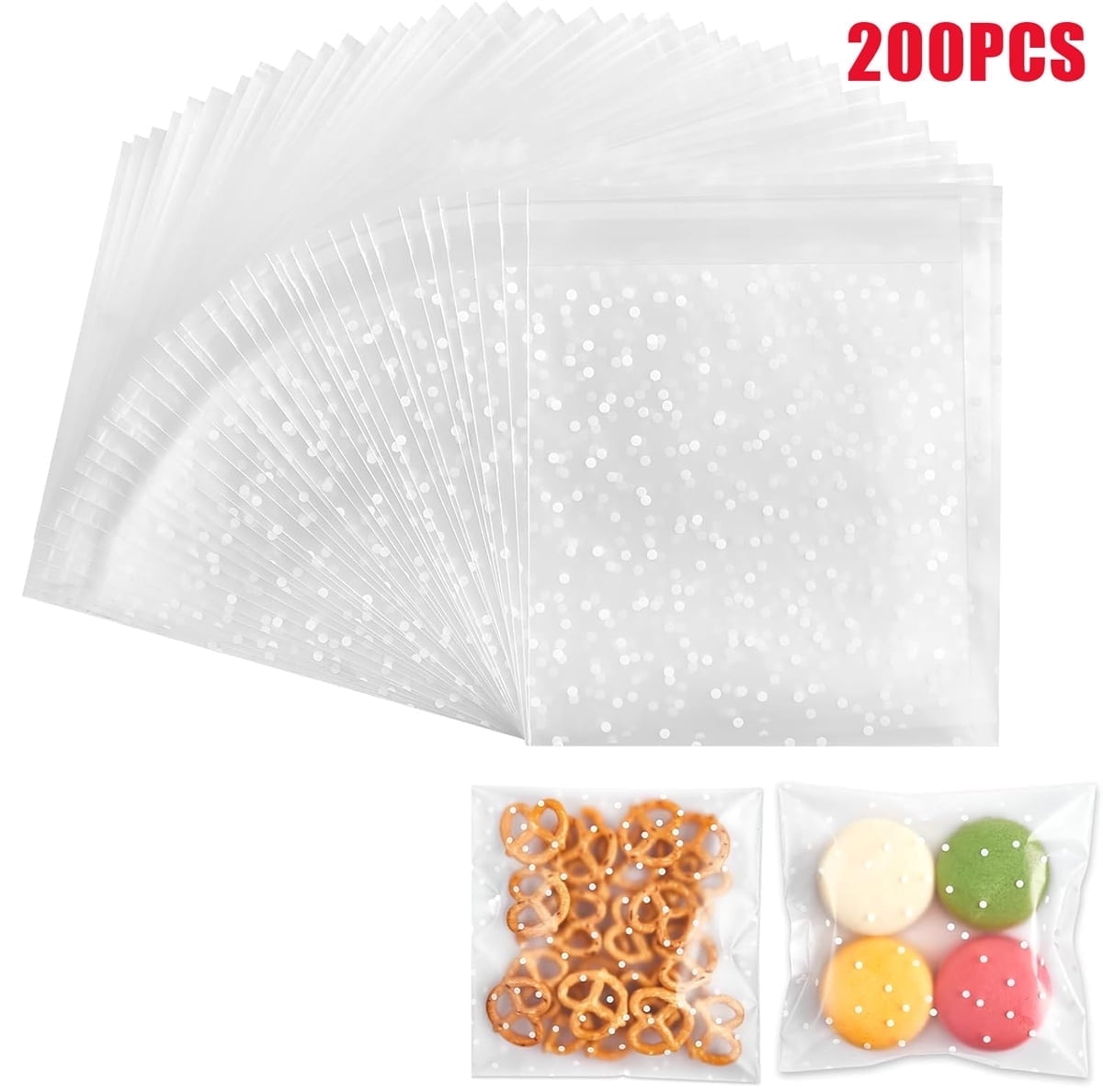 QZS 200 Pcs Self Sealing Cellophane Bags, Clear Cookie Bags, Individual Wrappers Treat bags for Packaging Cookies, Biscuit, Candy, Gift Giving (White Polka Dot, 2.2x2.2inches) - Image 1