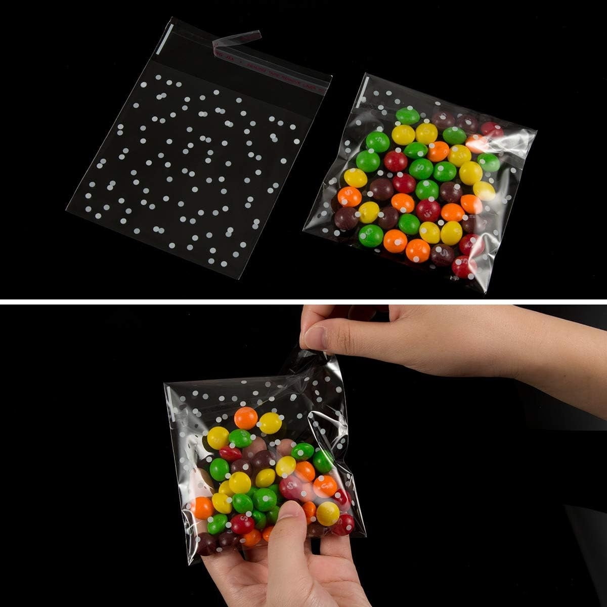 QZS 200 Pcs Self Sealing Cellophane Bags, Clear Cookie Bags, Individual Wrappers Treat bags for Packaging Cookies, Biscuit, Candy, Gift Giving (White Polka Dot, 2.2x2.2inches) - Image 4