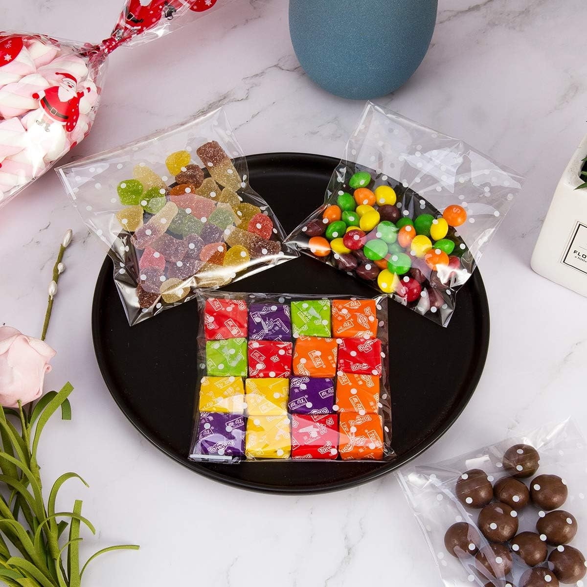 QZS 200 Pcs Self Sealing Cellophane Bags, Clear Cookie Bags, Individual Wrappers Treat bags for Packaging Cookies, Biscuit, Candy, Gift Giving (White Polka Dot, 2.2x2.2inches) - Image 7