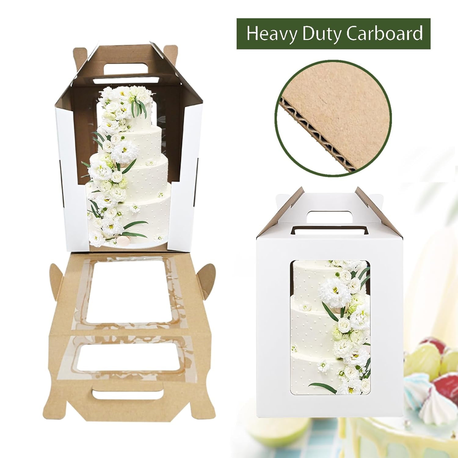 Large Tall Cake Boxes,Disposable Layer Tall Cake Carrier with Window,White Cake Packaging Box,Portable Cake Box,Tier Cake Take Out Transport Containers,for Birthday Wedding Christmas 10