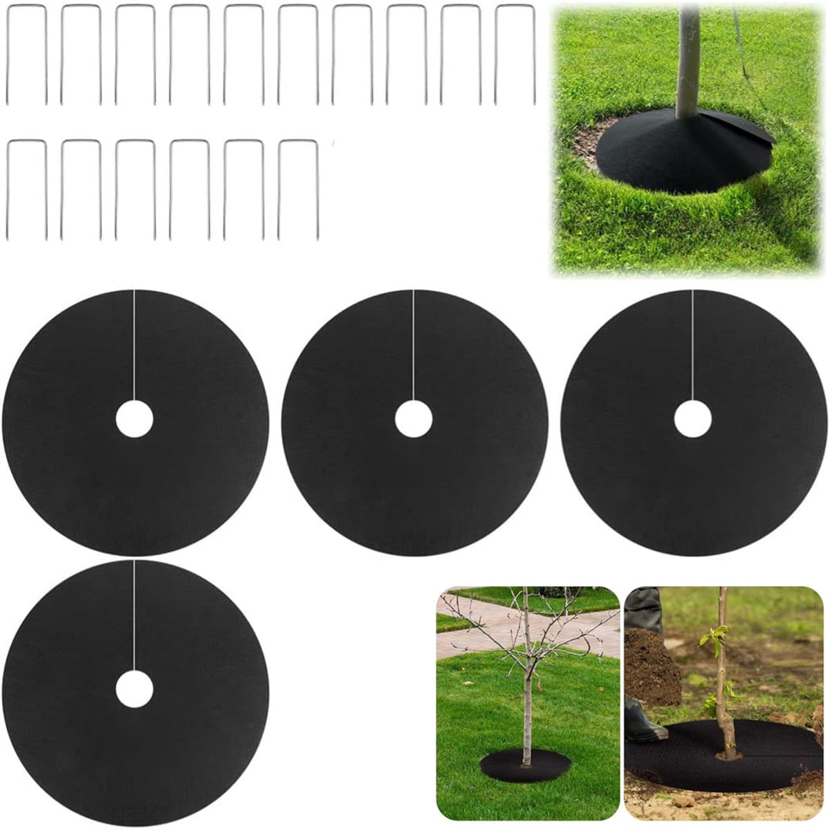 Tutuviw Non Woven Tree Ring, 24.4 inches Round Tree Base Weed Barrier Fabric Cover, Degradable and Reusable Tree Mulch Ring for Landscaping Weed Control, Root Protection Mat & Staples - Image 1