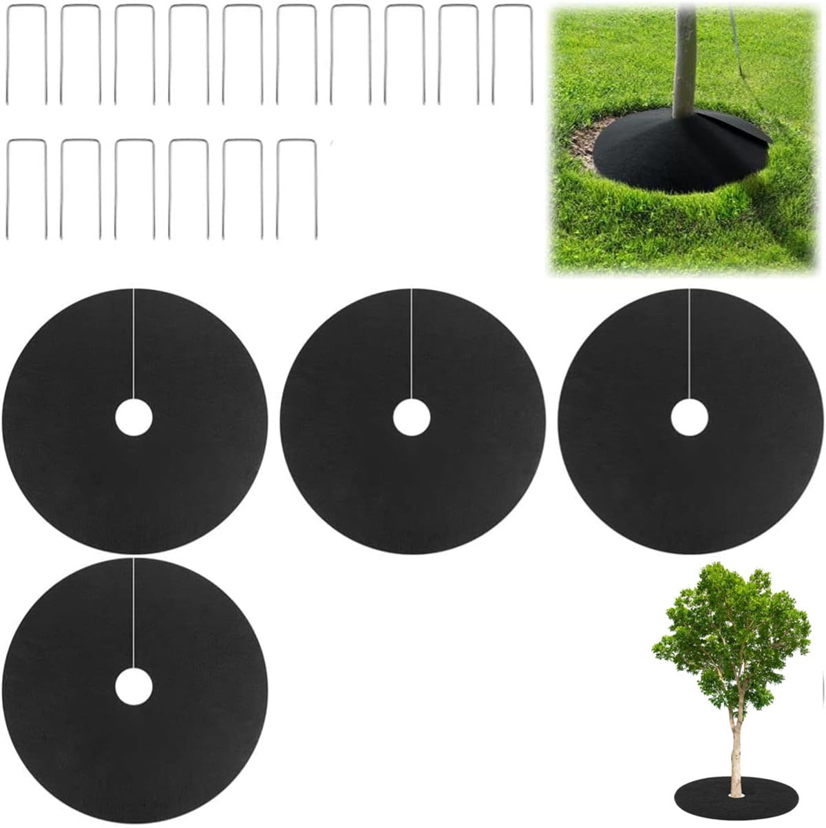 Tutuviw 4 Pack Non-Woven Tree Mulch Ring, Round Mulch Ring Tree Protector Mat with 16 Pcs Garden Stakes, Reusable Heavy Duty Weed Barrier Fabric for Weed Control, Root Protection Mat & Staples - Image 1
