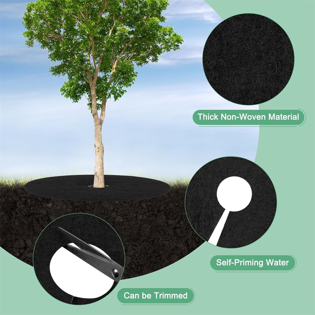Tutuviw 4 Pack Non-Woven Tree Mulch Ring, Round Mulch Ring Tree Protector Mat with 16 Pcs Garden Stakes, Reusable Heavy Duty Weed Barrier Fabric for Weed Control, Root Protection Mat & Staples - Image 3
