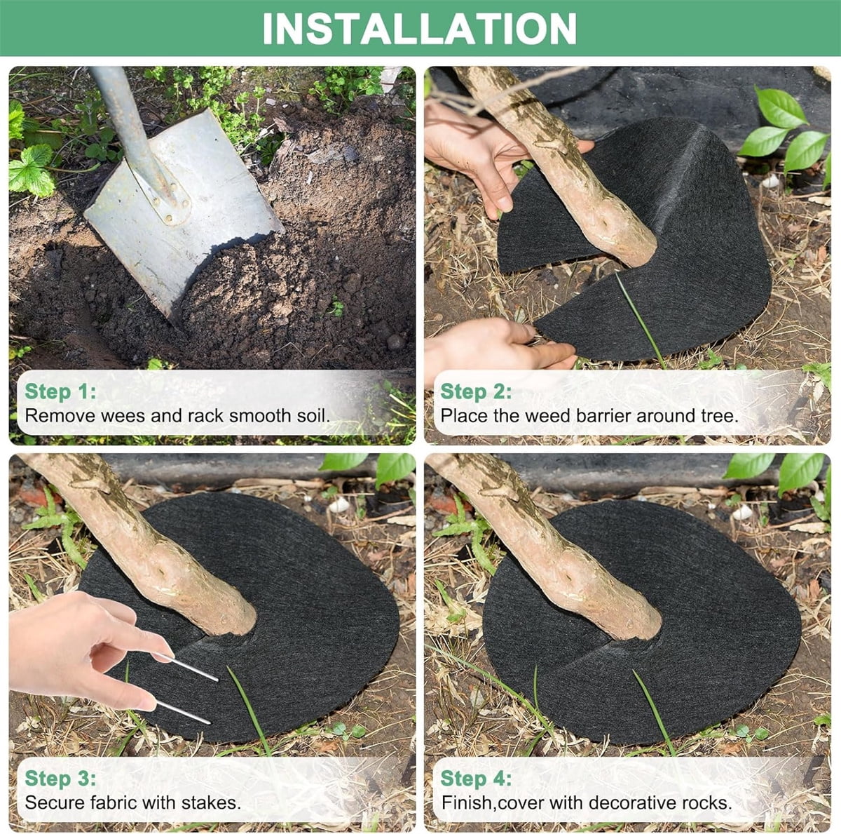 Tutuviw 4 Pack Non-Woven Tree Mulch Ring, Round Mulch Ring Tree Protector Mat with 16 Pcs Garden Stakes, Reusable Heavy Duty Weed Barrier Fabric for Weed Control, Root Protection Mat & Staples - Image 4