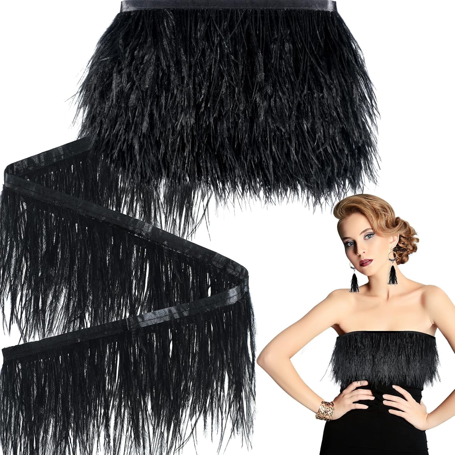 Black Ostrich Feathers Trim,78.7Inx3.15-4.3In Wide Ostrich Feathers Sewing Fringe Trim Ribbon for Latin,Masquerade Decoration Black - Image 1