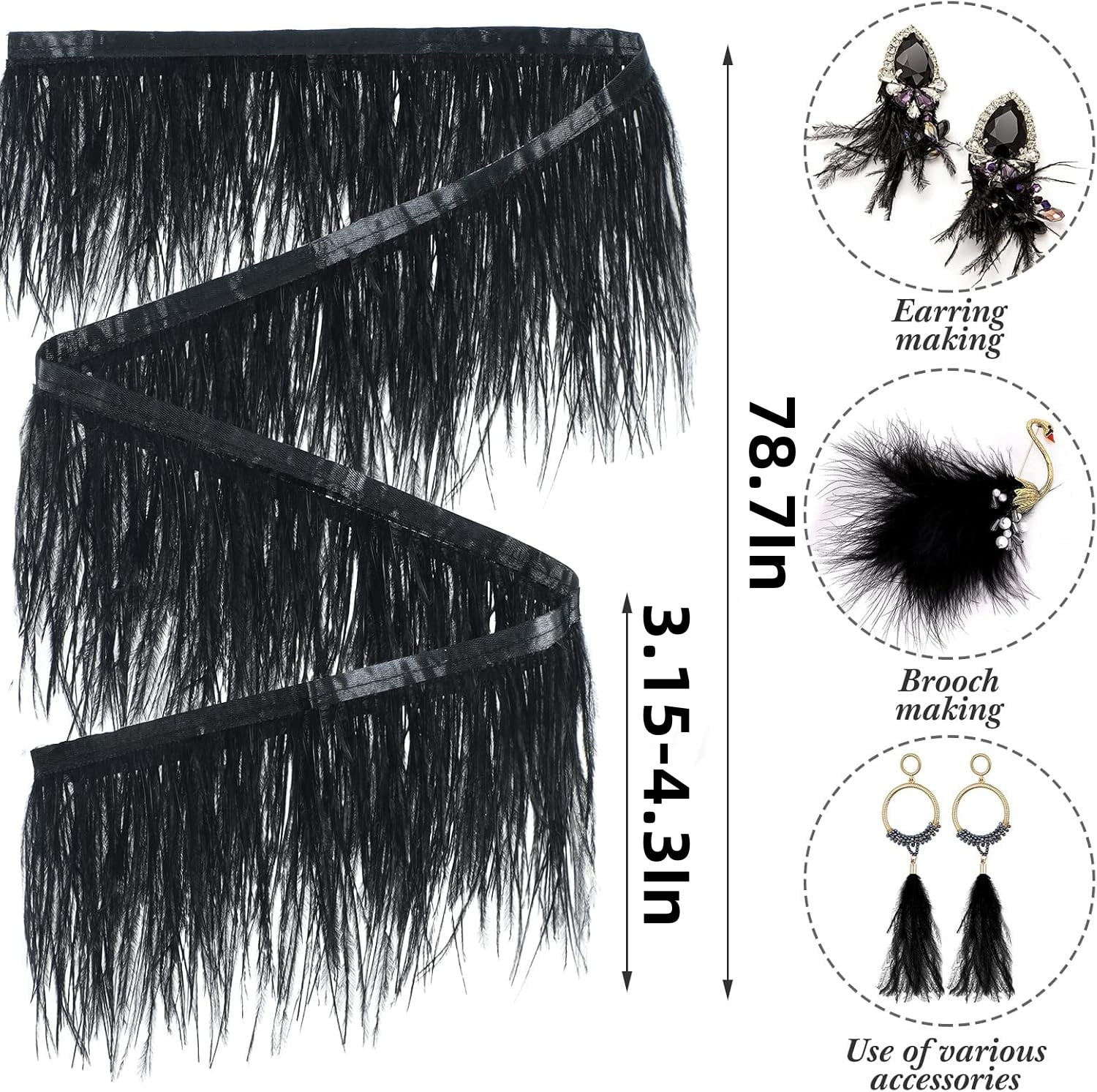 Black Ostrich Feathers Trim,78.7Inx3.15-4.3In Wide Ostrich Feathers Sewing Fringe Trim Ribbon for Latin,Masquerade Decoration Black - Image 5