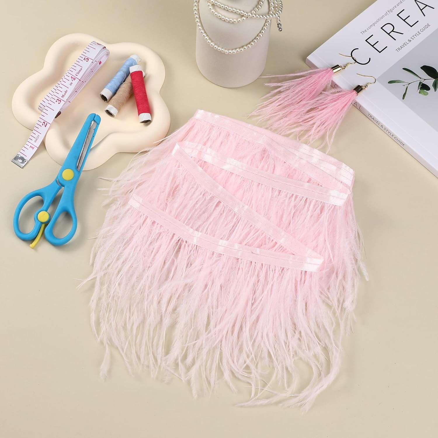 Black Ostrich Feathers Trim,78.7Inx3.15-4.3In Wide Ostrich Feathers Sewing Fringe Trim Ribbon for Latin,Masquerade Decoration Pink - Image 2