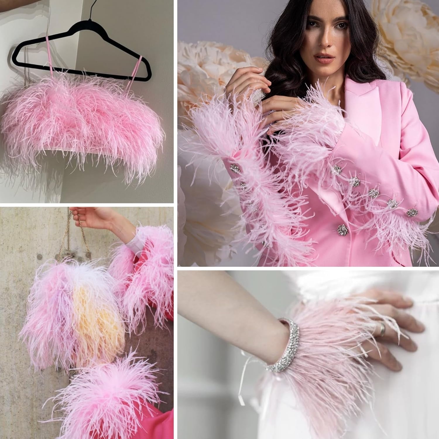 Black Ostrich Feathers Trim,78.7Inx3.15-4.3In Wide Ostrich Feathers Sewing Fringe Trim Ribbon for Latin,Masquerade Decoration Pink - Image 3