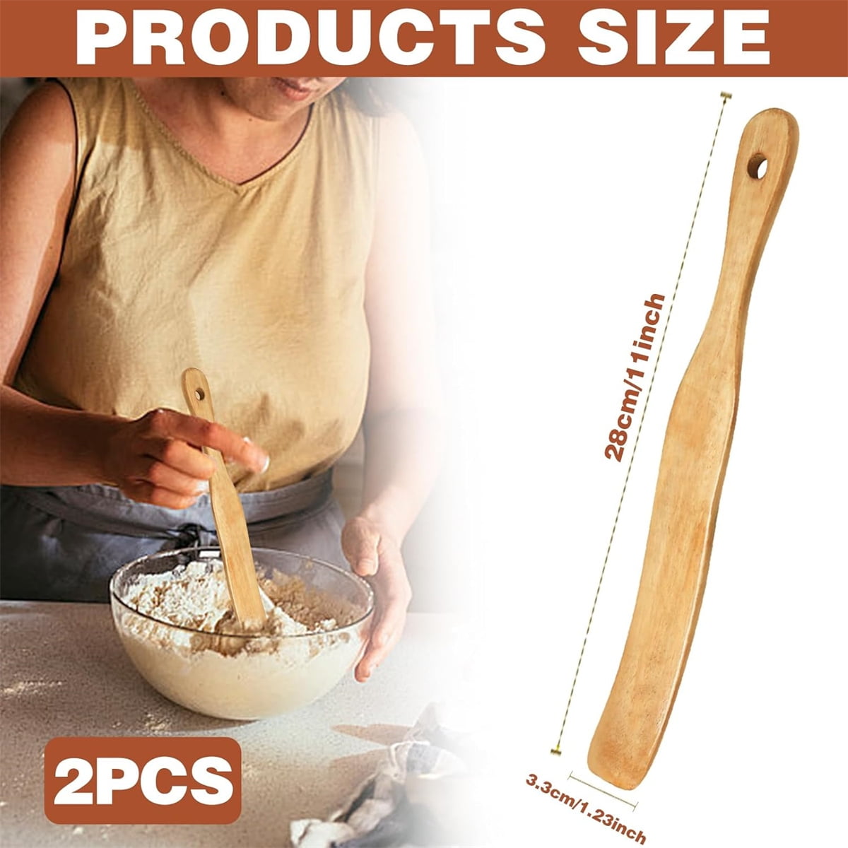 Tutuviw Teak Wooden Spurtle for Sourdough Starter, Spreading, Baking, Mixing Stirring Stick, Reaching Bottom of Jar, Scraper Kitchen Utensils for Cooking Bread, Dough Whisk, 2 Pack - Image 2