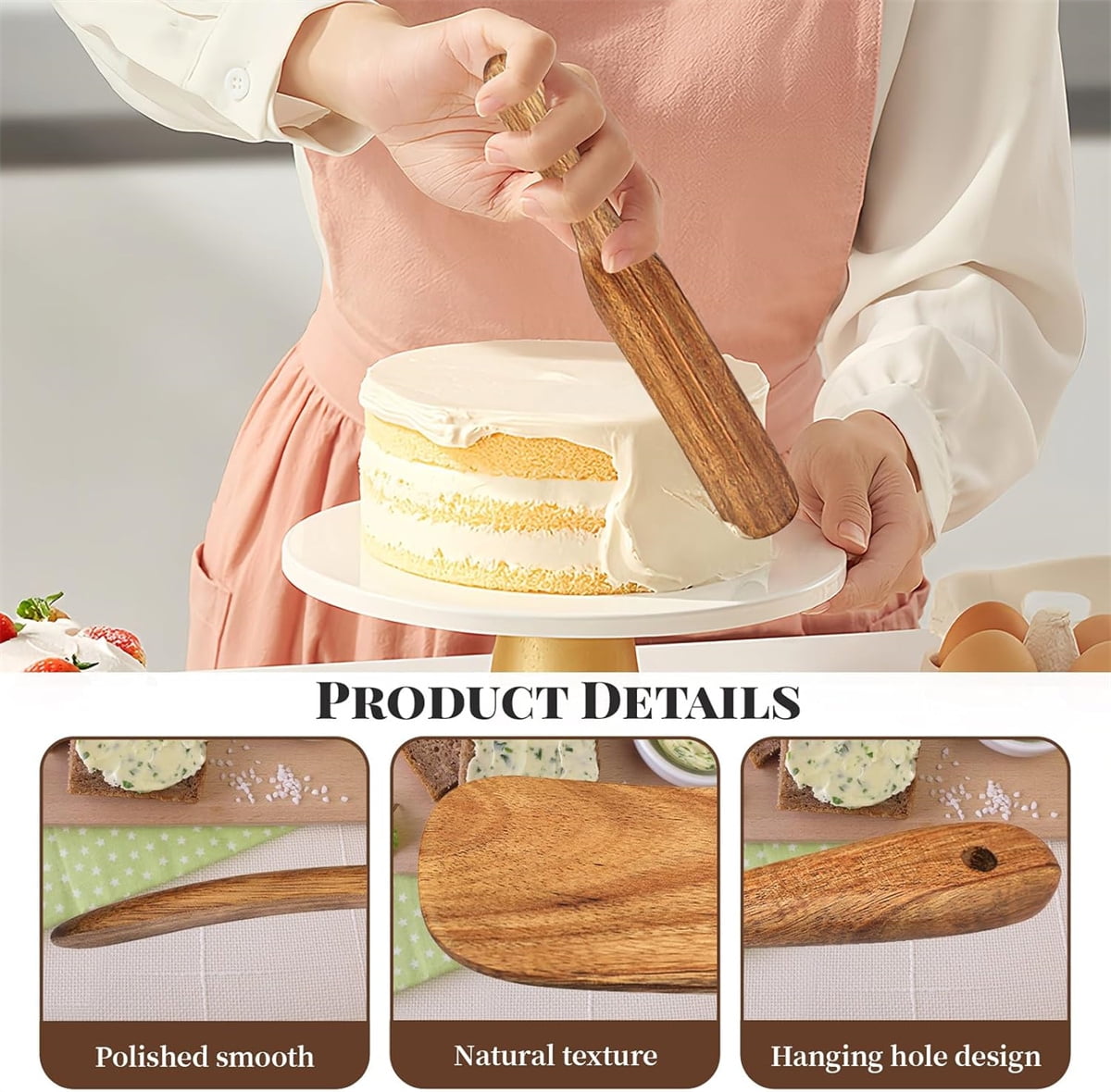 Tutuviw Teak Wooden Spurtle for Sourdough Starter, Spreading, Baking, Mixing Stirring Stick, Reaching Bottom of Jar, Scraper Kitchen Utensils for Cooking Bread, Dough Whisk, 2 Pack - Image 4