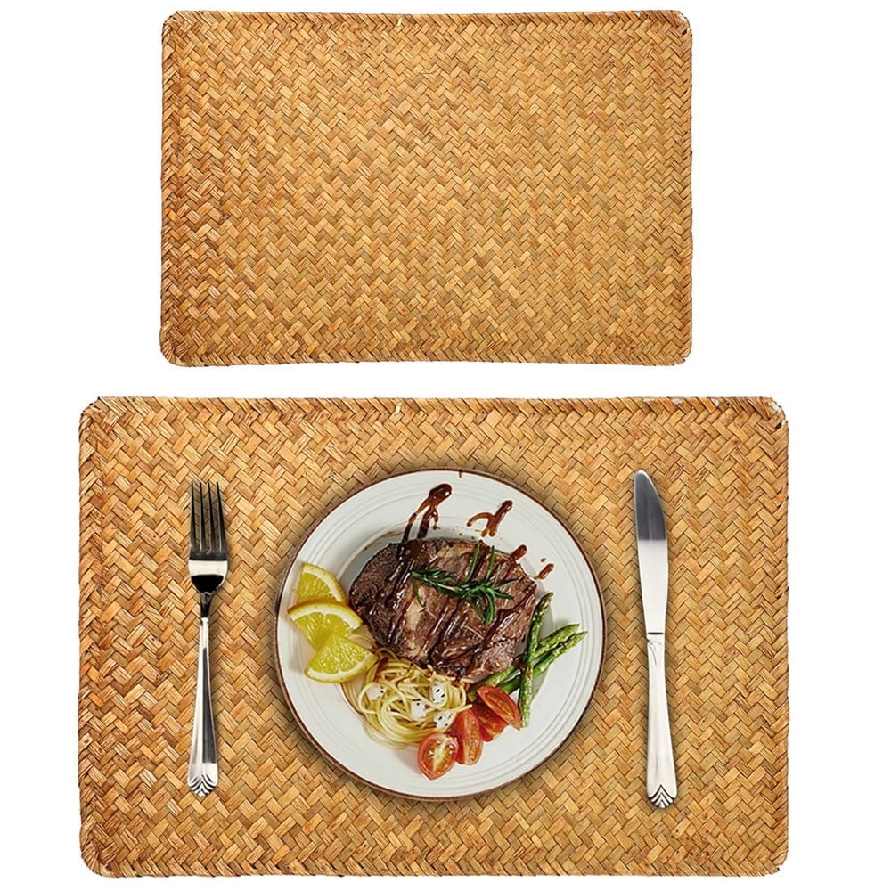 QZS Farmhouse Wicker Placemats,Woven Rattan Place Mat,Rectangular Table Pat,Hand Bamboo Tea Cup Mat,Natural Straw Placemat,Hand-woven Place Mats for Dining Table Home Kitchen Picnic 2Pcs - Image 1