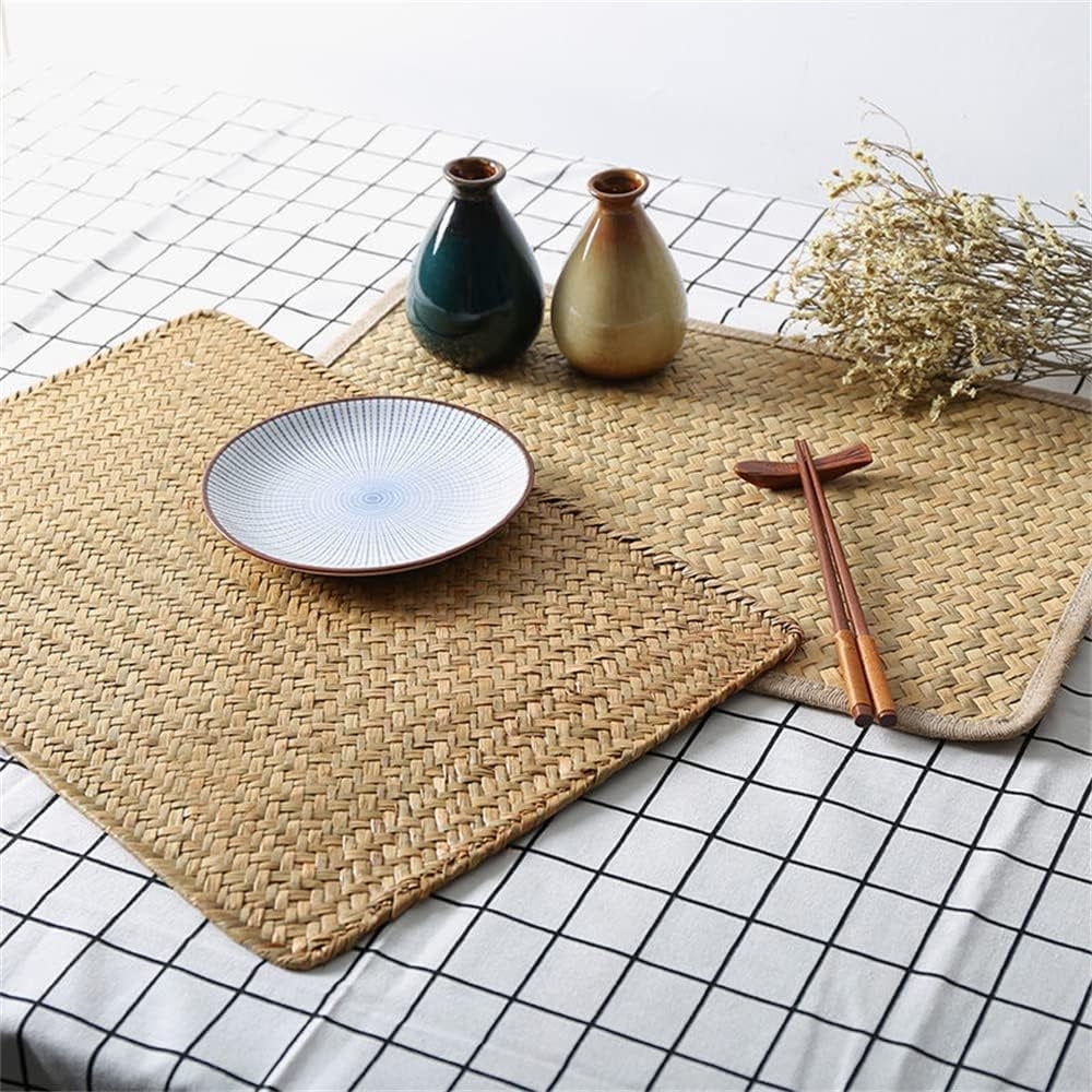 QZS Farmhouse Wicker Placemats,Woven Rattan Place Mat,Rectangular Table Pat,Hand Bamboo Tea Cup Mat,Natural Straw Placemat,Hand-woven Place Mats for Dining Table Home Kitchen Picnic 2Pcs - Image 2