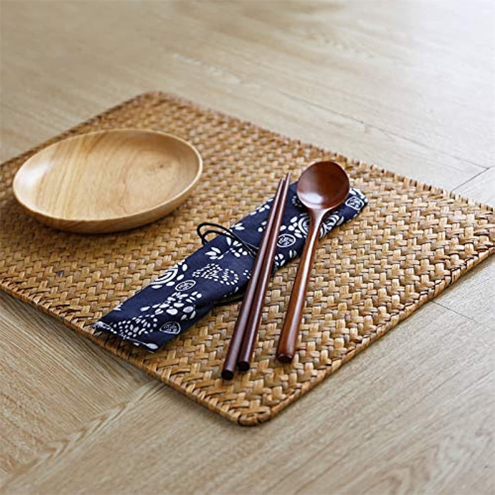 QZS Farmhouse Wicker Placemats,Woven Rattan Place Mat,Rectangular Table Pat,Hand Bamboo Tea Cup Mat,Natural Straw Placemat,Hand-woven Place Mats for Dining Table Home Kitchen Picnic 2Pcs - Image 5