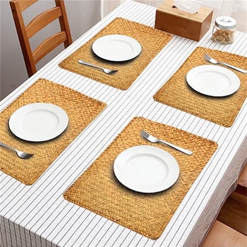 QZS Farmhouse Wicker Placemats,Woven Rattan Place Mat,Rectangular Table Pat,Hand Bamboo Tea Cup Mat,Natural Straw Placemat,Hand-woven Place Mats for Dining Table Home Kitchen Picnic 2Pcs - Image 6