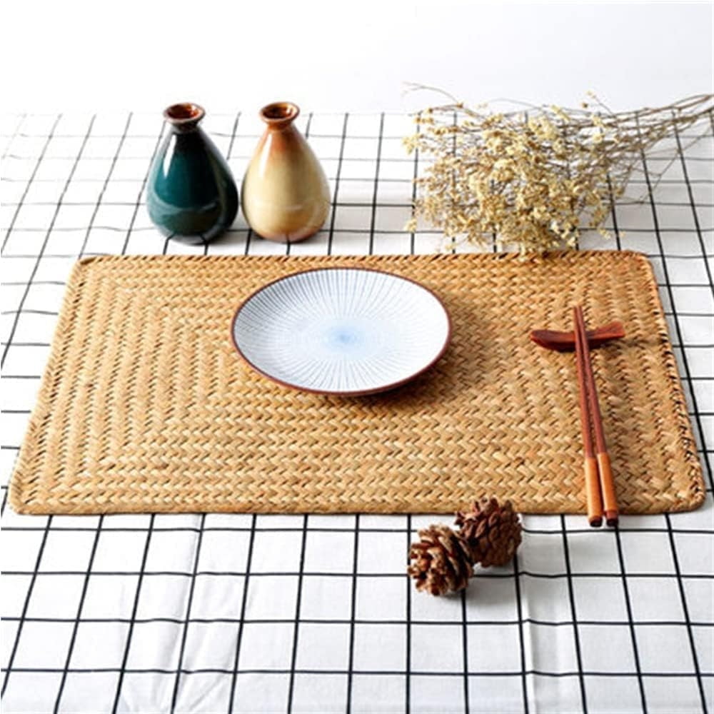 QZS Farmhouse Wicker Placemats,Woven Rattan Place Mat,Rectangular Table Pat,Hand Bamboo Tea Cup Mat,Natural Straw Placemat,Hand-woven Place Mats for Dining Table Home Kitchen Picnic 2Pcs - Image 7