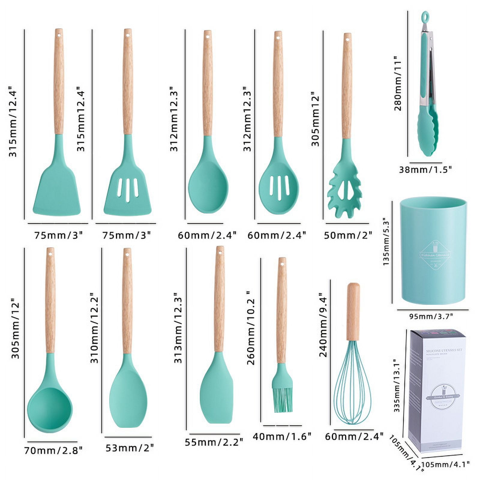 12 Piece Silicone Cooking Utensils Set Non-Stick Cutlery Set Food Grade Silicone Kitchenware Wooden Handle Baking Tools Baking Cooking Small Cookware Set for Apartment, Home (Light green) Light green - Image 2