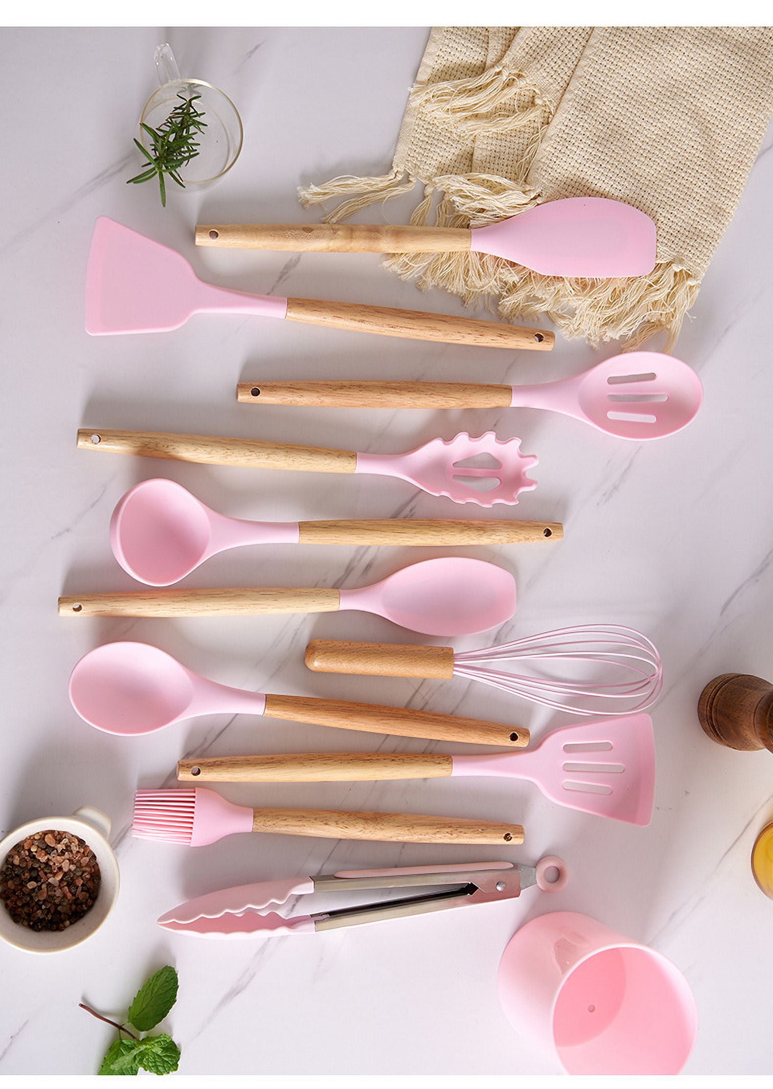 12 Piece Silicone Cooking Utensils Set Non-Stick Cutlery Set Food Grade Silicone Kitchenware Wooden Handle Baking Tools Baking Cooking Small Cookware Set for Apartment, Home (Light green) Light green - Image 3