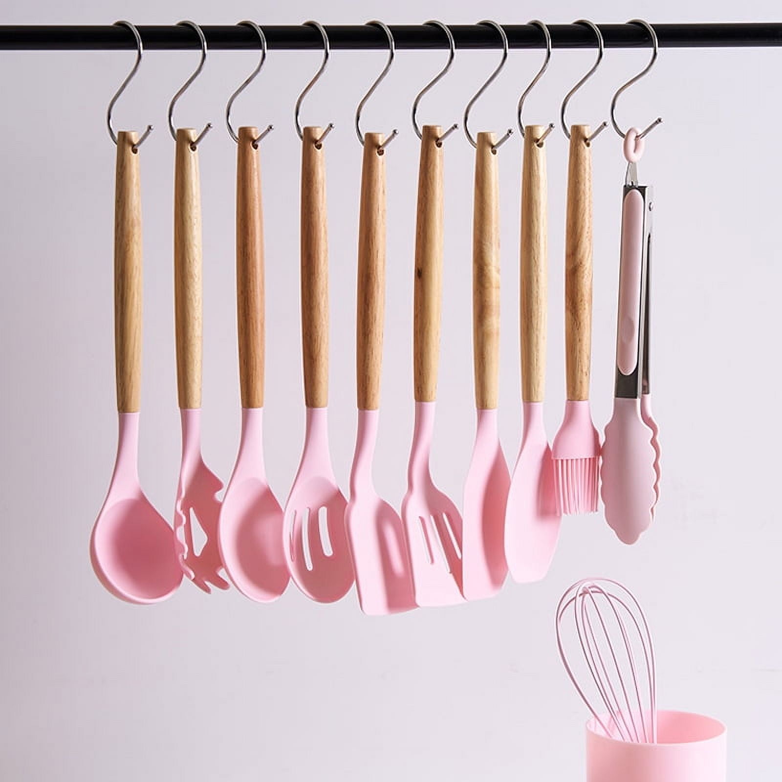 12 Piece Silicone Cooking Utensils Set Non-Stick Cutlery Set Food Grade Silicone Kitchenware Wooden Handle Baking Tools Baking Cooking Small Cookware Set for Apartment, Home (Light green) Light green - Image 7