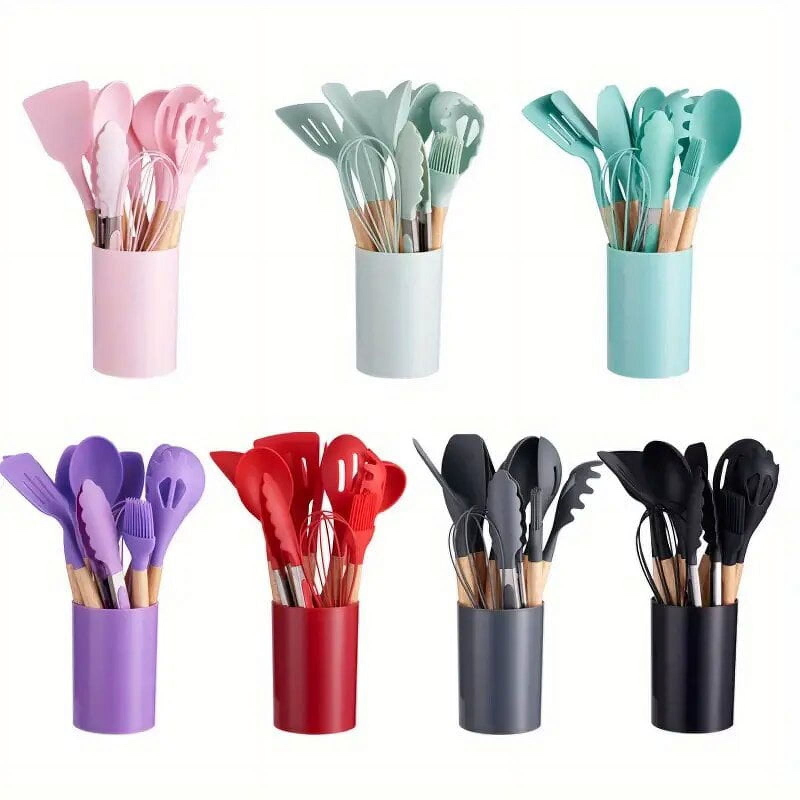 12 Piece Silicone Cooking Utensils Set Non-Stick Cutlery Set Food Grade Silicone Kitchenware Wooden Handle Baking Tools Baking Cooking Small Cookware Set for Apartment, Home (Light green) Light green - Image 8