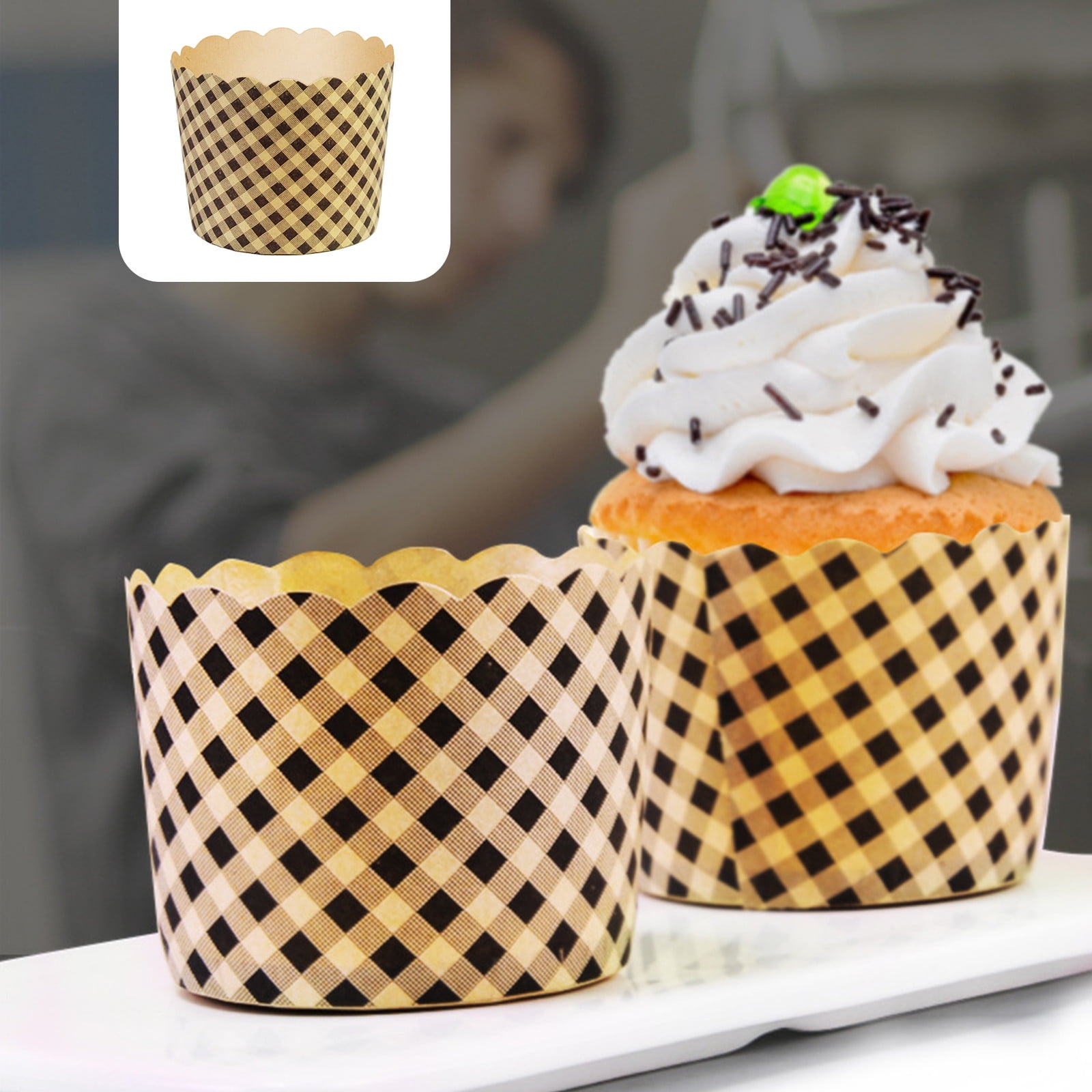 100Pcs Baking Cups, Muffin Cups Thick Cake Paper Cups Bread Paper Cups Lattice Cake Box, Heavy Duty Cupcake Liners, Kraft Paper Cupcakes Greaseproof Wrappers Supplies, Christmas Baking Molds Yellow - Image 1