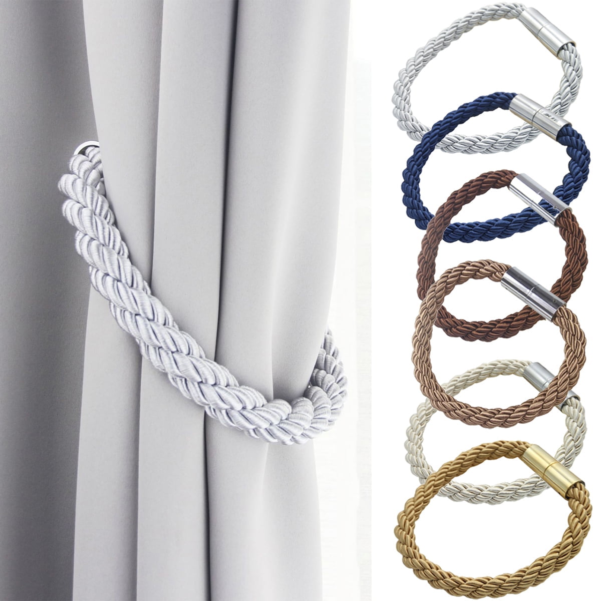 Travelwant 2Packs Magnetic Curtain Tiebacks Modern Handmade Weave Rope Curtain Holdbacks Convenient Decorative Curtain Drape Tie Backs for Home and Office Window Drapery White - Image 1