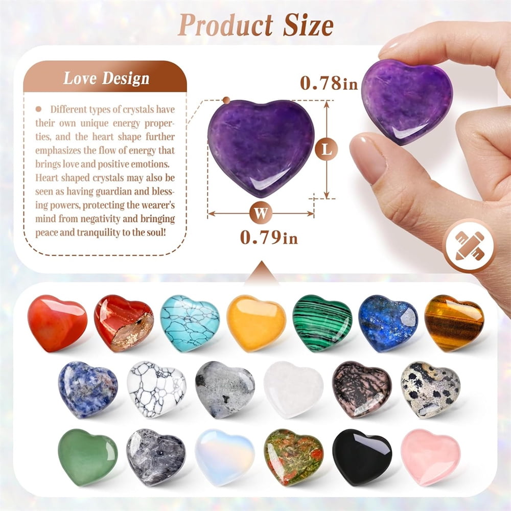 20Pcs Heart Crystals Stones,Love Shaped Polished Stones,Natural Rose Quartz Crystals Amethyst Tiger Eye Chakra Rocks,Energy Healing Gemstones,Chakra Reiki Balancing Gifts - Image 2