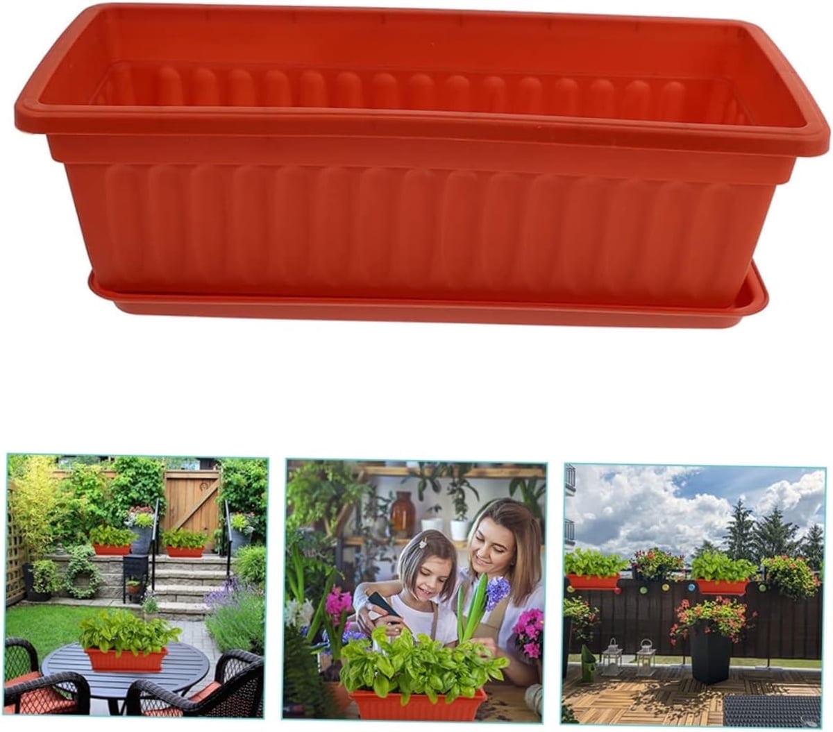 1Pcs Rectangle Planter Box,17.3x7.5x5.5In Watering Plant Container with Drainage Hole,Red Plastic Planters Box for Porch,Yard - Image 1