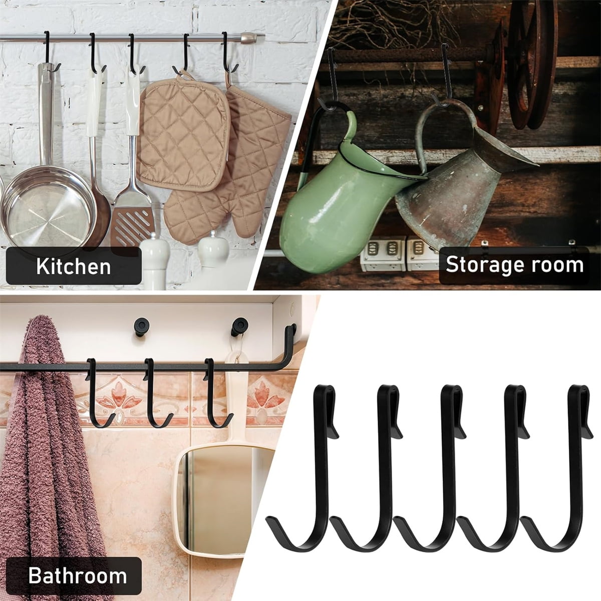 Tutuviw 20 Pcs 2.4in Long J-Hook for Wire Shelving, Wire Rack Hook, Stainless Steel Hanger Clip-on Hooks, Hanging Sink Grid Hook, Heavy Duty Utility Hooks for Kitchen Bedroom Office, Silver Black - Image 5
