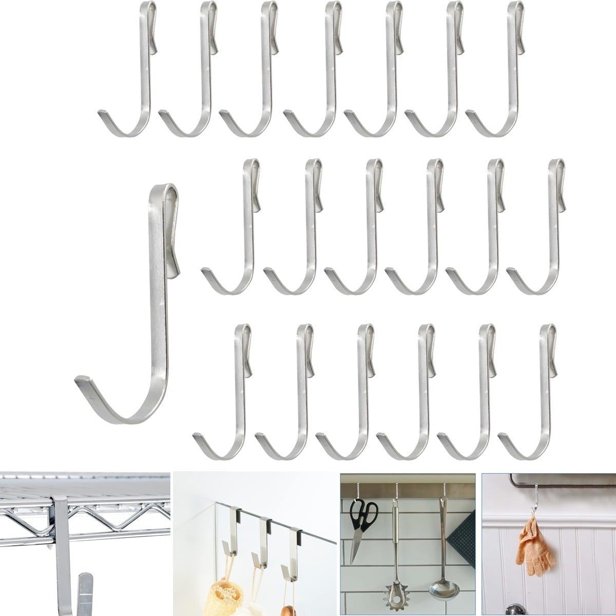 Tutuviw 20 Pcs 2.4in Long J-Hook for Wire Shelving, Wire Rack Hook, Stainless Steel Hanger Clip-on Hooks, Hanging Sink Grid Hook, Heavy Duty Utility Hooks for Kitchen Bedroom Office, Silver White - Image 1